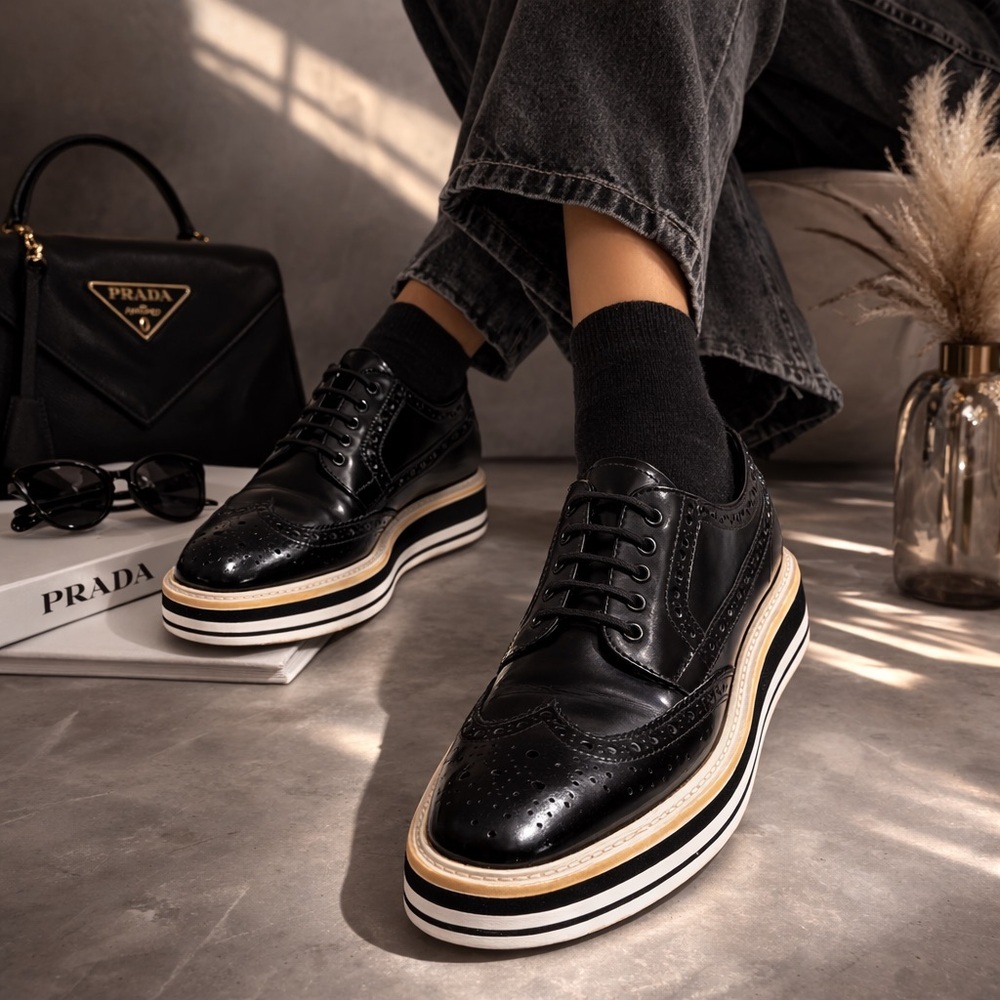 Prada Spazzolato Leather Platform Brogues 36 Black Wingtip Derby Elevated Sole - Picture 10 of 10